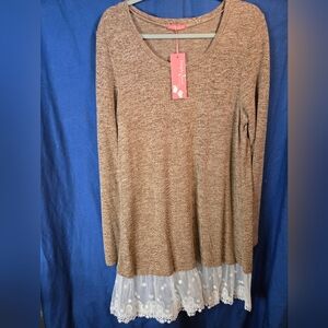 Simply Aster Heathered Tan Long Sleeve Sweater with Lace Hem NWT